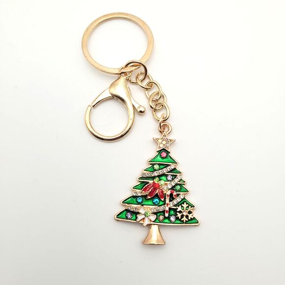 Sparkly Christmas Tree Key Chain Bag Backpack Charm Gold Tones Large Hook Gift - Picture 1 of 3